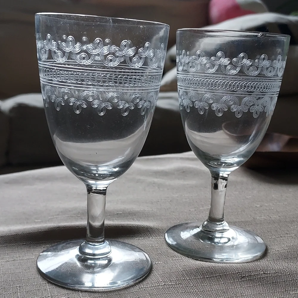 Crystal wine glasses etched scroll art deco art nouveau mcm retro - Picture 1 of 14